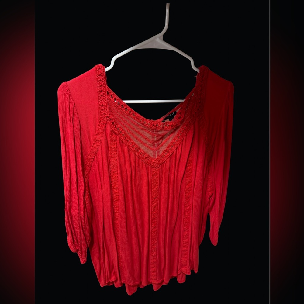 Torrid Size 3 (22) Red Embroidered Blouse Top 3/4 Sleeve Blouse